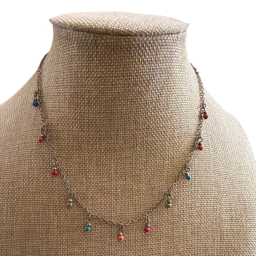 Boho Silver Tone Multi Color Bead Charm Dainty Chain Necklace Layering Festival